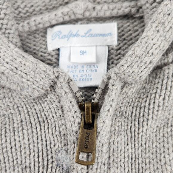 Ralph Lauren Full Zip Knit Hoodie Jumper Sweater Pony Logo Baby Boy 9M Gray Luxe - Picture 4 of 6